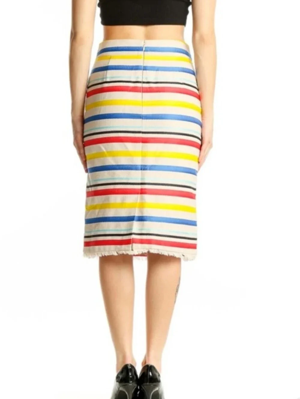 J Crew Striped Pencil Knee Skirt Fringe Red Yellow Blue Cream Lined 4 Back Slit